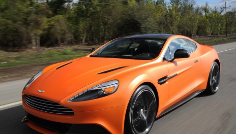 Aston martin, побеждает оранжевый, оранжевый, скорость, вид спереди