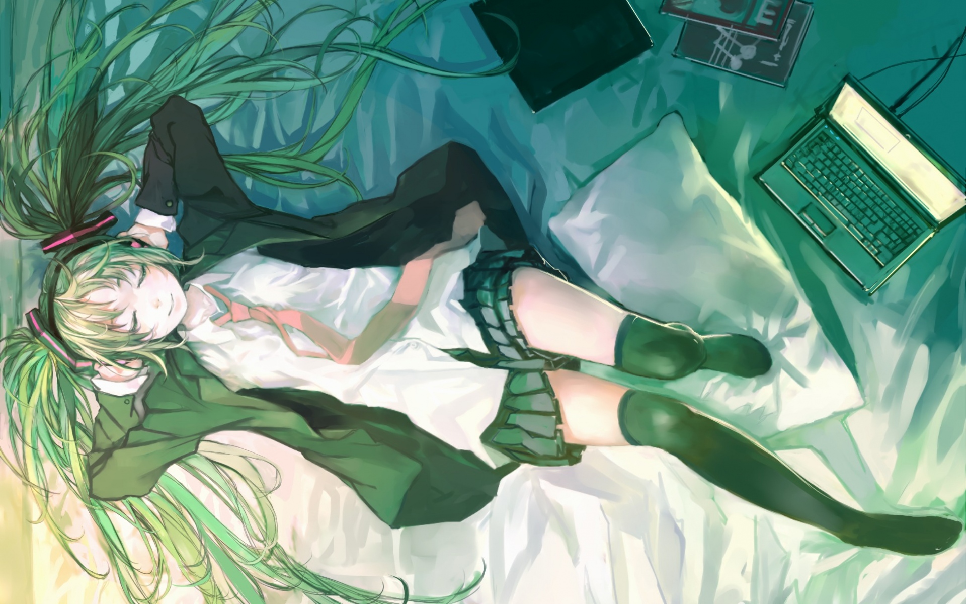 Картинки Искусство, ноль, девушка, hatsune miku, настроение, улыбка, наушники, музыка, школьная форма, учебники, ноутбук, комната, вокалоид фото и обои на рабочий стол