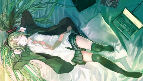 Искусство, ноль, девушка, hatsune miku, настроение, улыбка, наушники, музыка, школьная форма, учебники, ноутбук, комната, вокалоид
