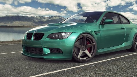 Bmw, m3, e92, авто, автомобиль, зеленый, дорога, небо, облака