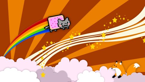 Nyan cat, nyan, cat, fox, fun, clouds