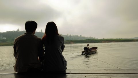 Пара, любовь, лодка, море, река, вечер