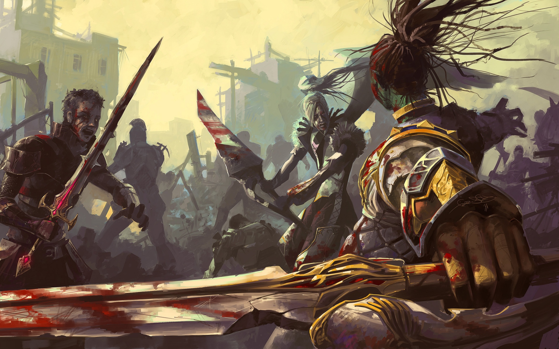Картинки Lineage 2, битва, война, город, руины, оружие, кровь, меч фото и обои на рабочий стол