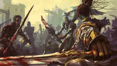 Lineage 2, битва, война, город, руины, оружие, кровь, меч