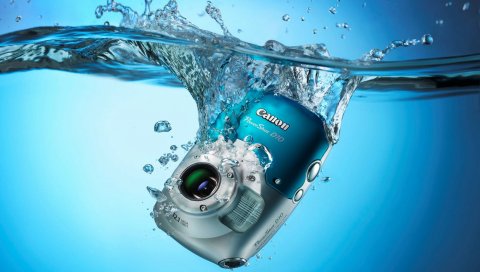 Цифровая камера, canon powershot d10, вода, капли, спрей, фон, синий
