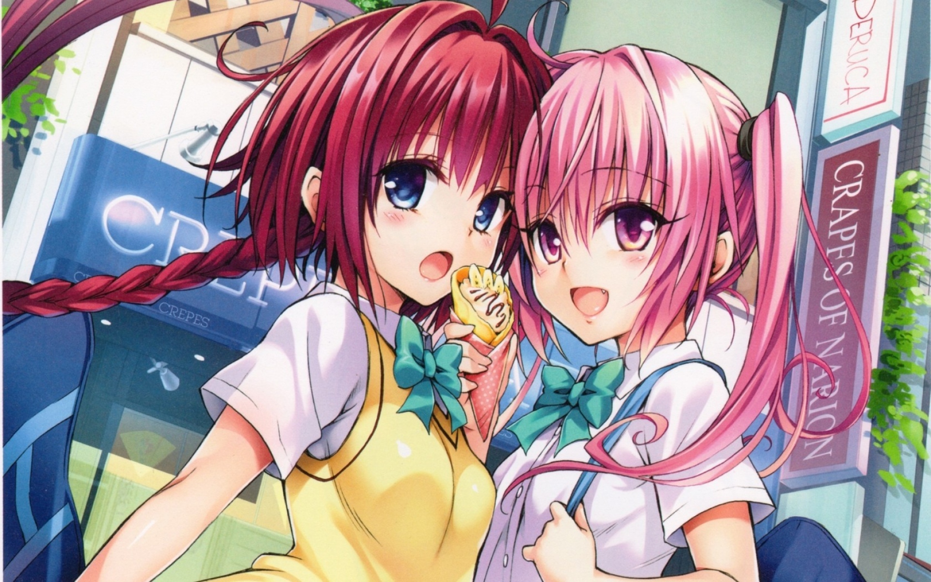 Картинки Yabuki kentarou, любить ru, kurosaki mea, nana asta deviluke, девушка, подруга, счастье, сюрприз, длинные волосы, знаки, рубашка, униформа фото и обои на рабочий стол