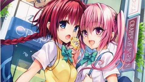 Yabuki kentarou, любить ru, kurosaki mea, nana asta deviluke, девушка, подруга, счастье, сюрприз, длинные волосы, знаки, рубашка, униформа