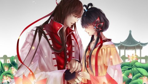 Luo tianyi, вокалоид, yi dian xia, девушка, мальчик, кувшинки, лотос