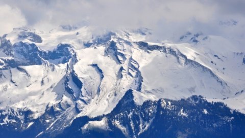 Горы, вершины, склоны, снег, небо, облака