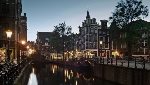 улице, Амстердам, Нидерланды, канал, вечером, мостовые