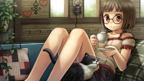 namaru, девушка, кот, кошка, кружка, чай, диван, лампа, завод, очки