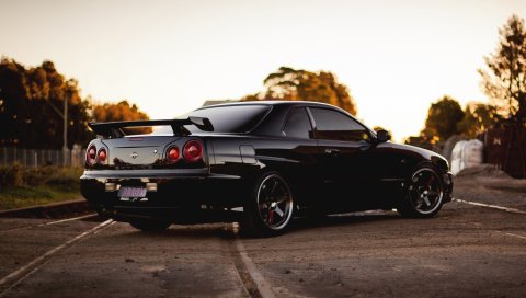 железной дорогу, горизонт, R34, Nissan, ГТП, черный, вид сбоку
