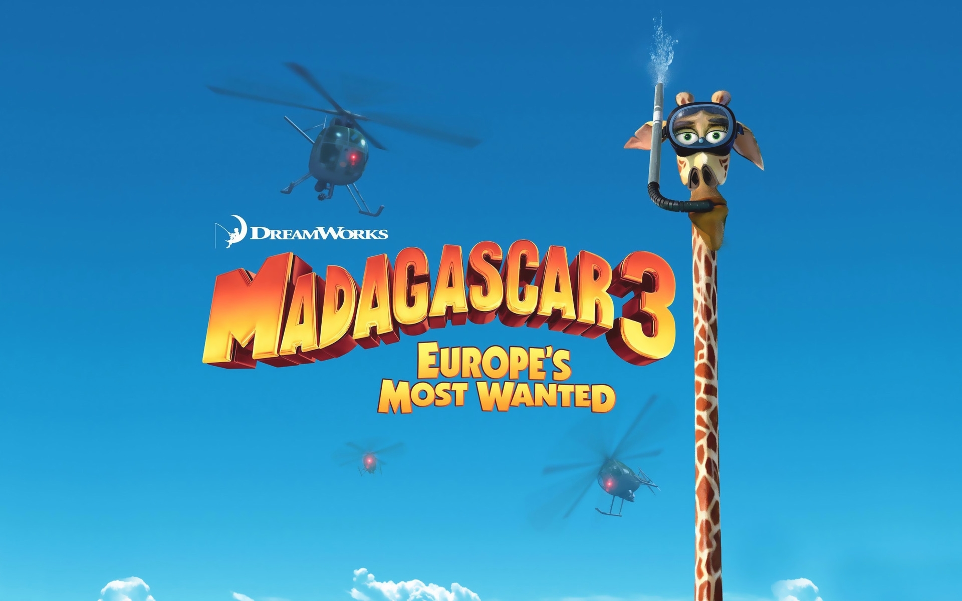 Картинки Мадагаскаре, мультфильм , жираф Мелман, море, небо, вертолеты, DreamWorks фото и обои на рабочий стол
