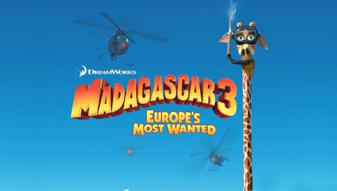 Мадагаскаре, мультфильм , жираф Мелман, море, небо, вертолеты, DreamWorks