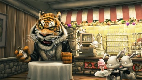 сердится тигр мультфильм, тигр, заяц, кафе, питание
