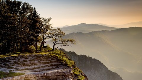 скалы, горы, скалы, трава, туман