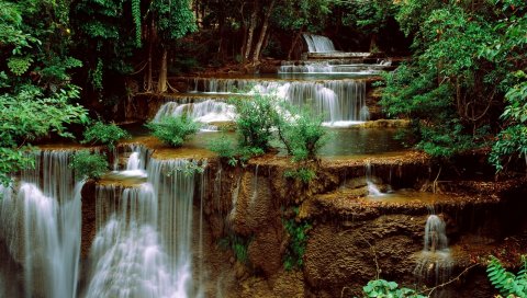 водопад, камни, трава, растения