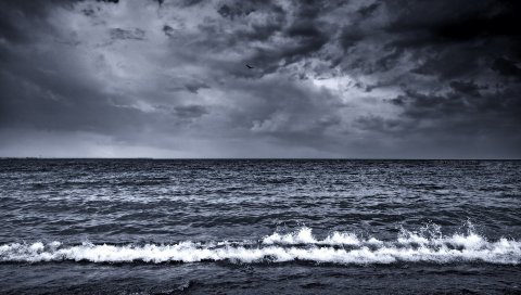море, волны, прибой, пена, черный и белый