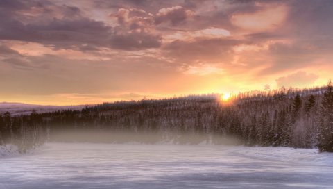 река, снег, деревья, лед