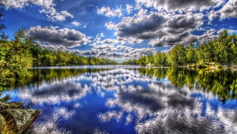 река, лето, деревья, небо, облака, HDR