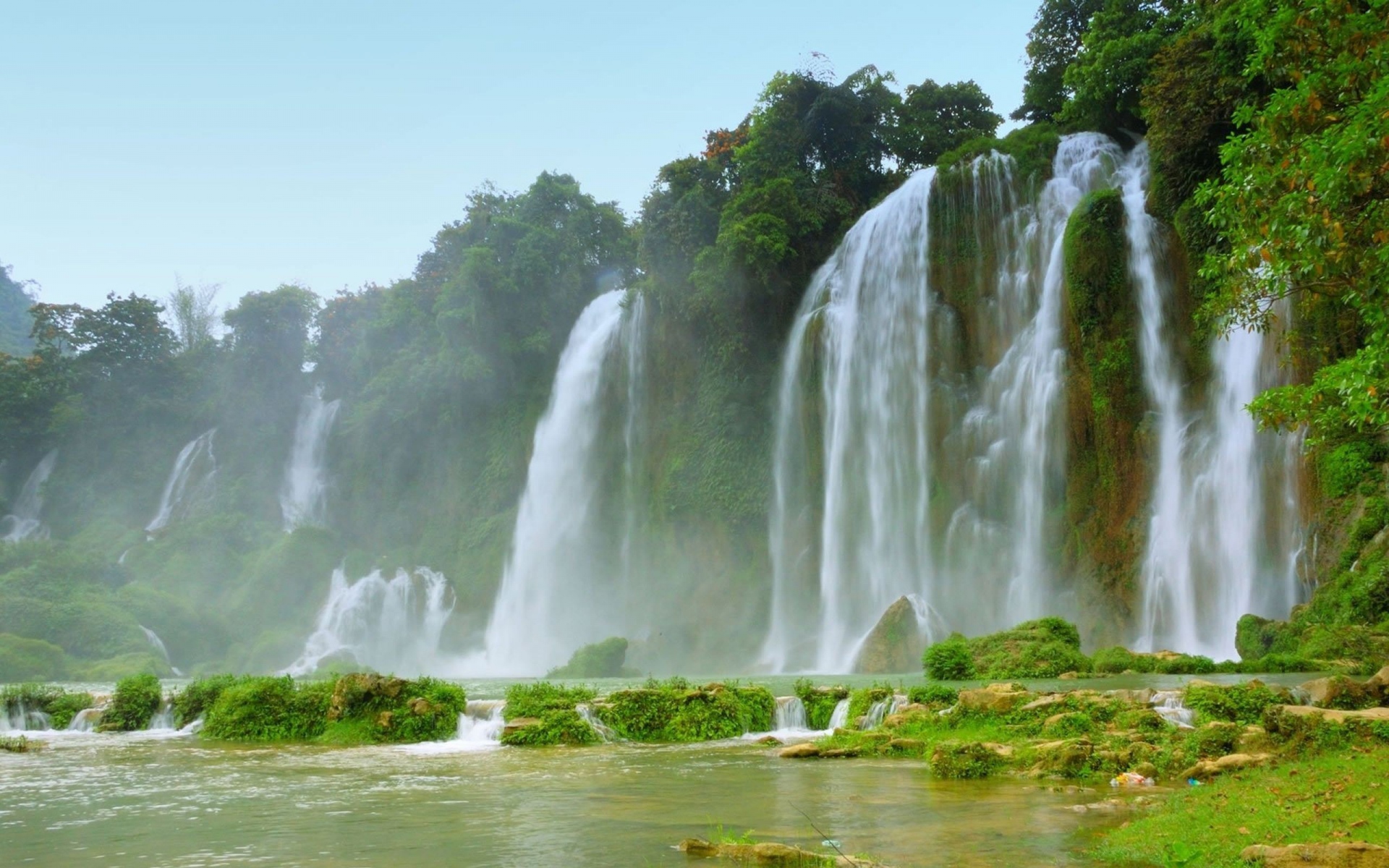 Картинки водопад, трава, река, лето, зелень фото и обои на рабочий стол