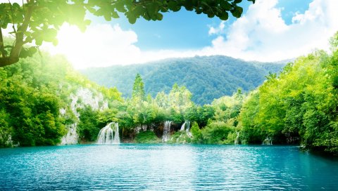 водопад, вода, солнечный свет