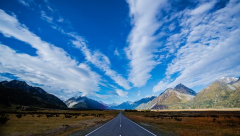 новой Зеландии, дороги, шоссе, горы, синее, небо, облака