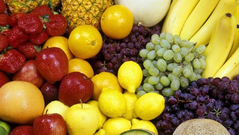фрукты, много, бананы, яблоки, ананасы