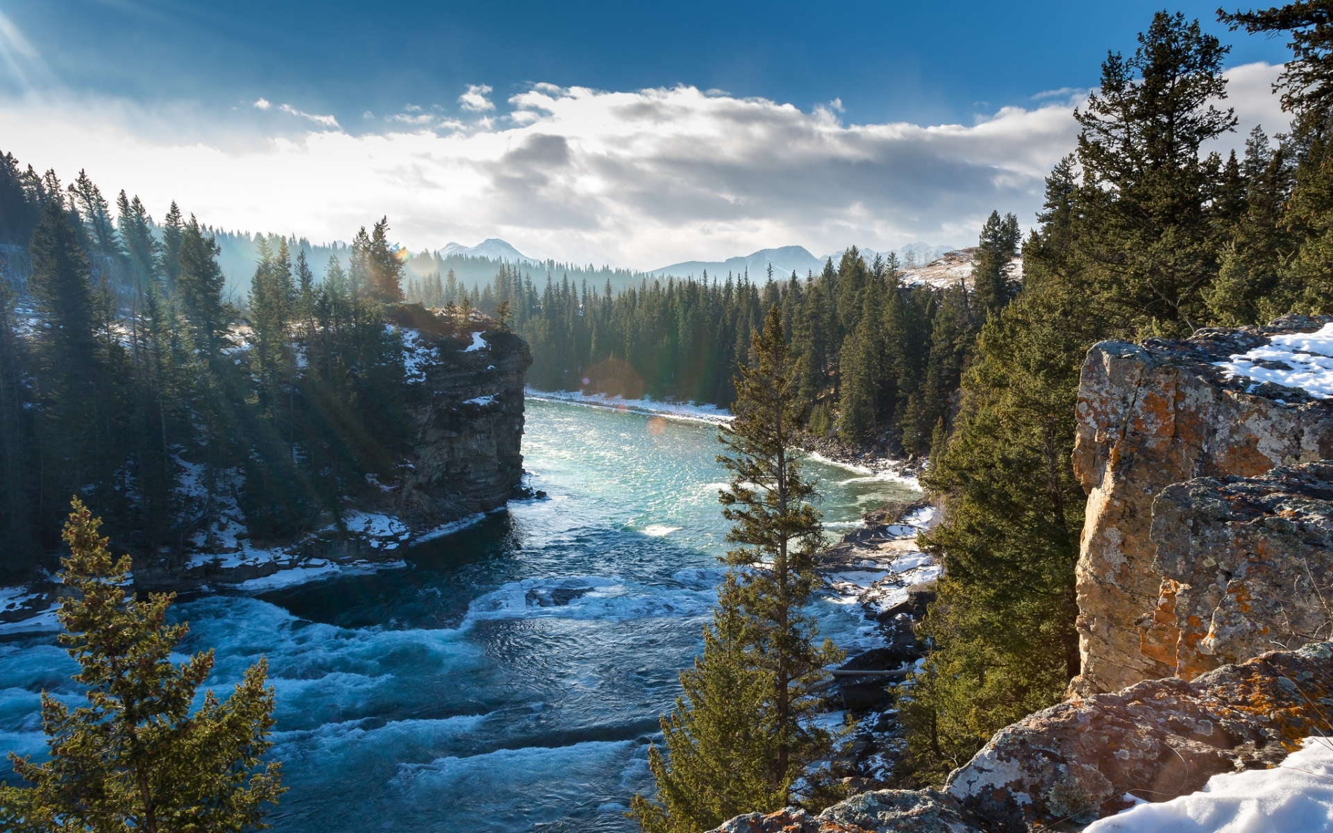 Картинки лук река, Alberta, Канада, горы, скалы, зима, деревья фото и обои на рабочий стол