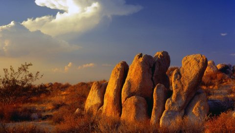 камни, трава, облако, небо