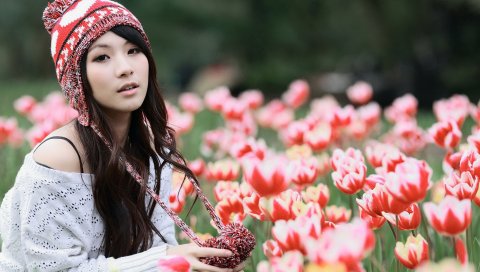 девушка, цветы, природа, кепка