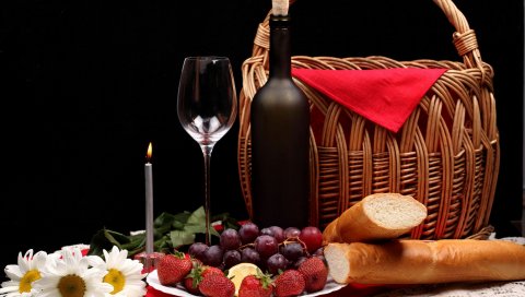 фрукты, корзина, напиток, хлеб
