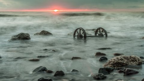 море, пена, туман, закат, камни