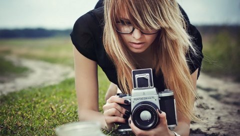 девушка, фотоаппарат, фотография, блондинка