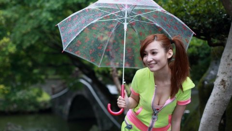 азиатские, девушка, улыбка, зонтик, счастье