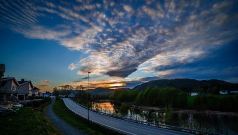 река, трава, деревья, дорога