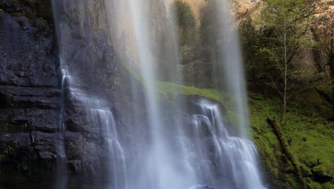 водопад, вода, трава, камни