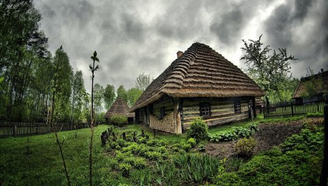 дом, сад, парк, облака