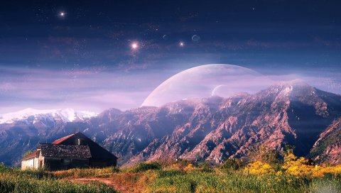 горы, дом, планета