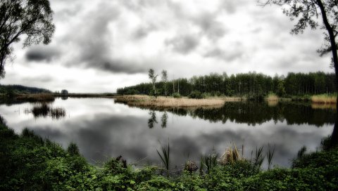озеро, деревья, облака, пейзаж, HDR