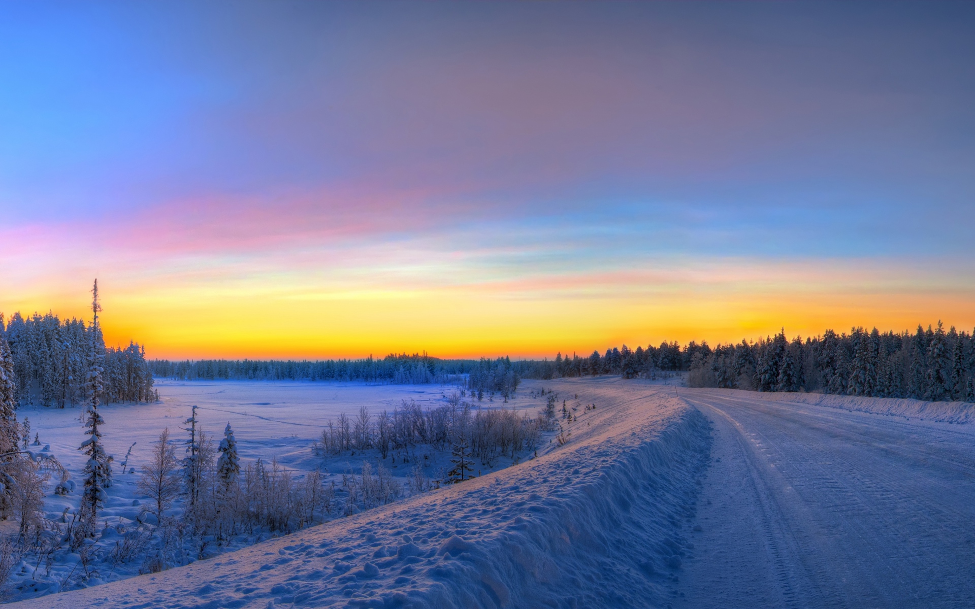 Картинки Панорама, закат, дорога, зима, пейзаж фото и обои на рабочий стол
