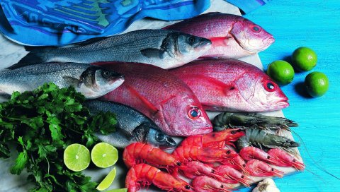 Рыба, креветки, лимон, зелень, морепродукты