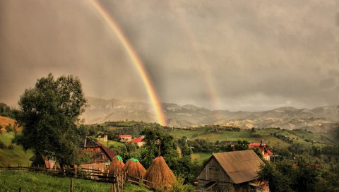 Дома, облака, радуга, пейзаж