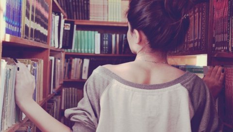 девушка, библиотека, назад, книги
