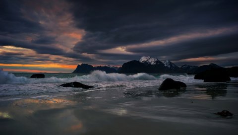 вода, брызги, море, камни, вечер, серфинг