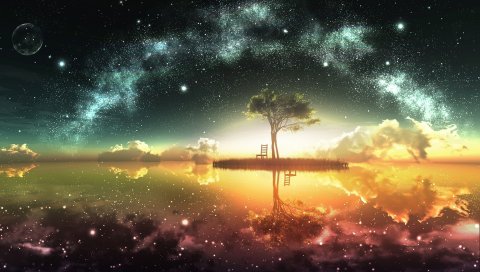 пейзаж, дерево, черный