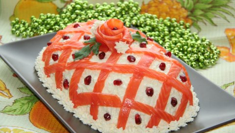 салат, украшение, красивое, мясо, рыба