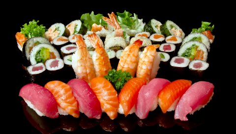 роллы, суши, плита, много, морепродукты