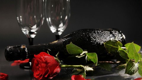 розы, цветы, бутылка, стакан вина
