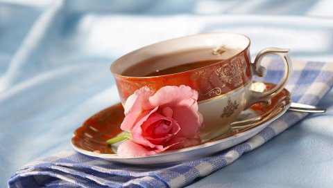 Чай, чашка, салфетка, роза, цветок, чаепитие